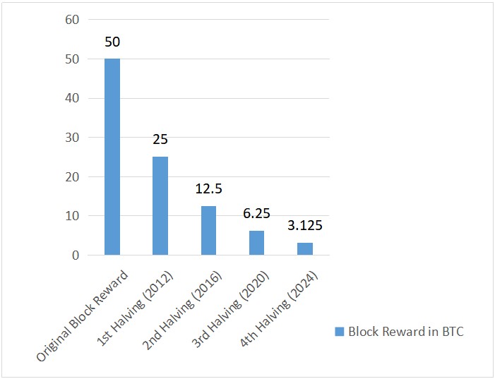 Visual infographic of Bitcoin block reward after each halving